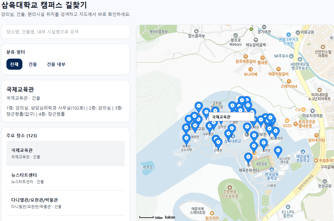 삼육대 어디야 검색 화면. 좌측에 장소 검색창과 건물·건물 내부 필터, 국제교육관의 층별 상세 정보가 있고, 우측 지도에는 교내 장소 마커와 선택한 장소의 InfoWindow가 표시되어 있다.